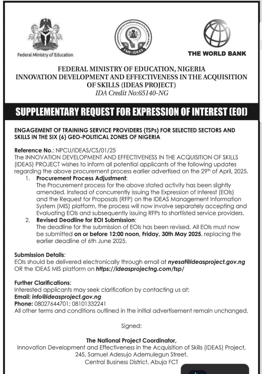 IDEAS Request for Expression of Interest (2nd Batch) Supplementary Advert